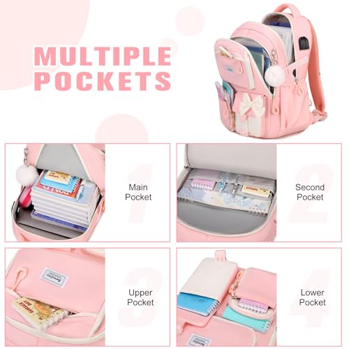 Bevalsa Backpack for Gilrs, Cute Bow School Bags for Kids with Lunch Bag & Pen Case, Bookbag for Girls Children Teens Elementary Middle Student, Back to School Gift with USB Charging Port (Pink)3