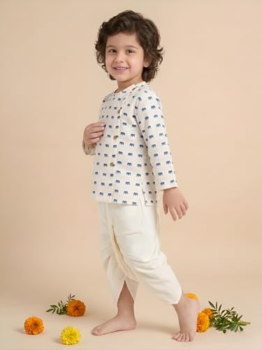 Image of POLKA TOTS Premium Cotton Dhoti Kurta Set for Kids Boys | Traditional Angrakha Style Ethnic Wear for Boys | Kurta Dhoti Set for Kids | Festive & Wedding Clothing Set for Baby