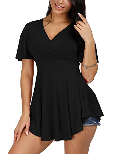 Zaoqee Women's Wrap V Neck Empire Waist Tunic Short Sleeve Tie Back High-Low Ruched Tops Black Xxl #TOP2