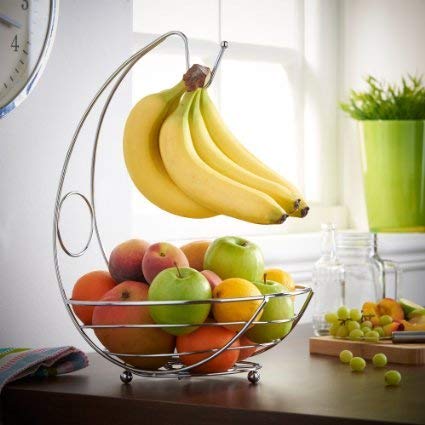 GWUK - Cesto per frutta con porta banana, cromato, 2 in 1, grande struttura in fil di