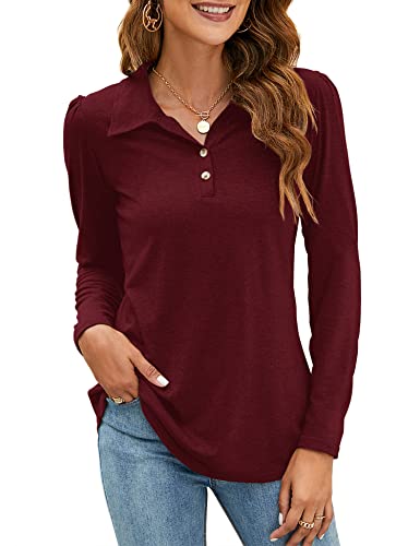 LOMON Women's Long Sleeve Polo Shirts Casual Classic Fashion Polo Cotton T Golf Sport Shirt Wine Red M