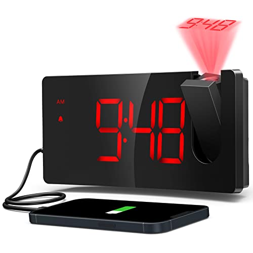 Digital Clock, Projection Alarm Clocks for Bedrooms with 180Â° Projector, Red LED Display with 3 Brightness Levels, Bedside Clock with USB Charging Port, Large Display, Progressive Beep,Snooze, 12/24H