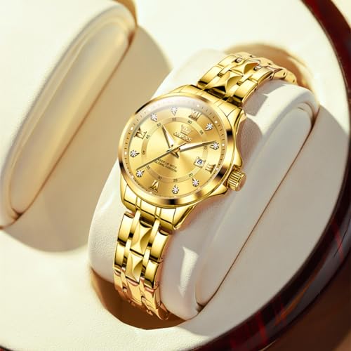 Elegant OLEVS Women's Gold Watch - Waterproof Analog Quartz with Diamond Accents, Adjustable Stainless Steel Band, and Easy-to-Read Roman Numerals - Image 4