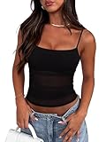REORIA Women's Sheer Mesh Tank Top Sleeveless See-Through Ruched Crop Camisole Slim Fit Stretchy 2025 Summer Cami Top Sexy Night Out Clubwear Casual Black Medium