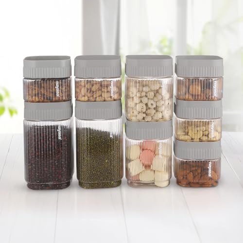Image of Nayasa Refresh Container Set of 9 | 500ml x 5, 750ml x 2, 1150ml x 2 | Transparent Airtight Plastic Jars | Stackable Kitchen Storage Containers | BPA Free & Reusable | Grey