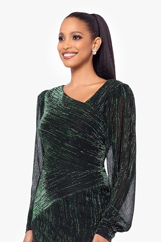 Betsy & Adam Women's Plus Size One-Shoulder Shimmer Long Sleeve Maxi Dress with Side Slit4