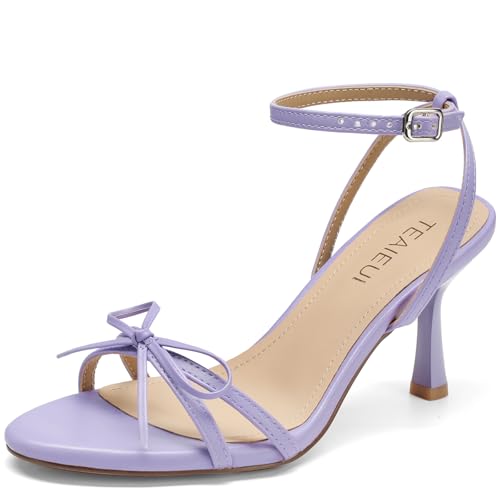 TEAIEUI Kitten Heels for Women Round Open Toe Heeled Sandals Strappy Ankle Strap Shoes with Bow for Dress Party Prom High Heel 2.9 inch Purple Size 8