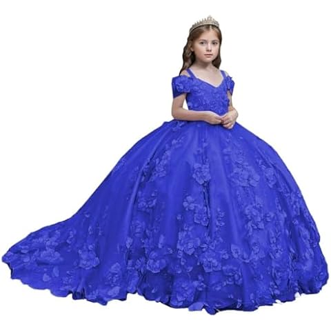 Flower Girl Dresses Off Shoulder Kids Princess Pageant Dress Ball Gown for Girls 3D Floral First Communion Dresses Royal Blue 6 Cover