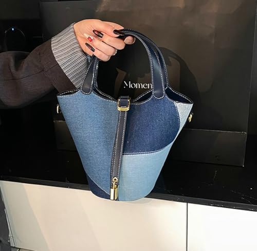 Women Denim Color Block Crossbody Bucket Purses Stylish Top Handle Handbag Casual Tote for Shopping Work2