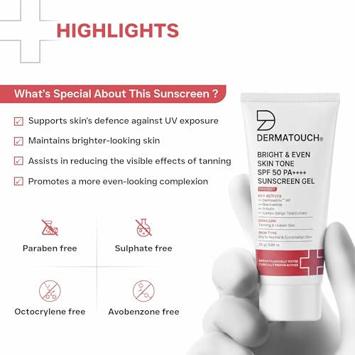 Image of DERMATOUCH Bright & Even Skin Tone SPF 50 PA++++ Sunscreen Gel with Dermawhite WF, Niacinamide, Arbutin | Help Reduce Tanning & Uneven Skin Tone | Broad Spectrum UV Protection | Lightweight Gel | 25g