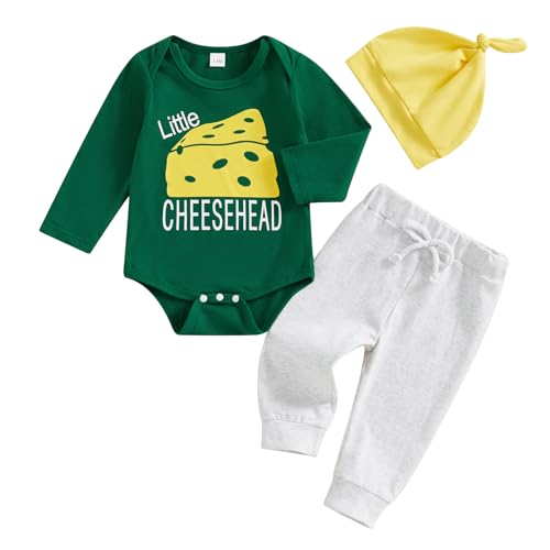 BemeyourBBs Newborn Baby Boy Girl Football Outfit Game Day Long Sleeve Romper Pants Set with Beanie Hat Fall Winter Clothes (Little Cheesehead Green 0-3 Months)