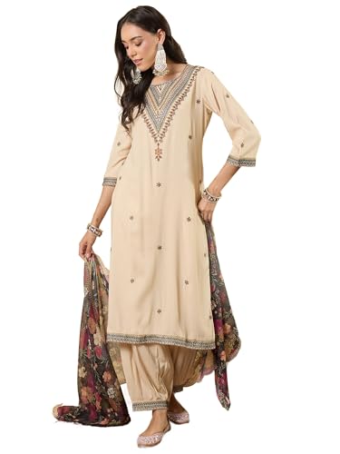 Image of INDO ERA Women's Rayon Viscose Rayon Embroidered Straight Kurta & Salwar with Dupatta Set