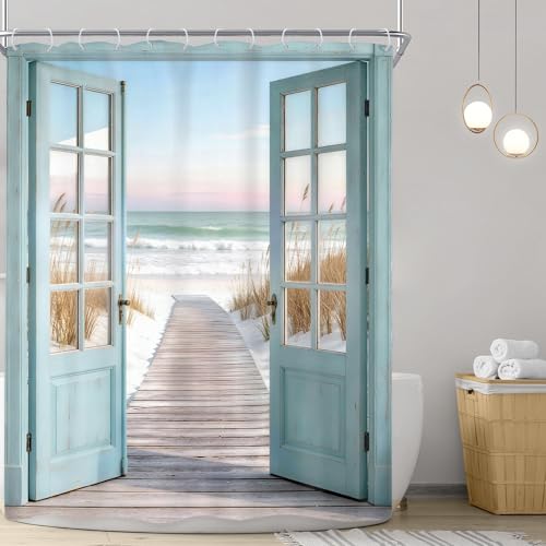 Image of Riyidecor Blue Beach Shower Curtain 60Wx72H Inch Rustic Summer Barn Door Ocean Coastal Seaside Scenery Country Teal Wood Hawaii Sea Path Retro Bathroom Decor Fabric Polyester Waterproof 12 Pack Hooks