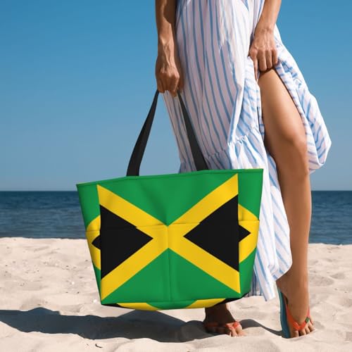 Flag of Jamaica Large capacity beach bag with zipper, perfect for grocery bag pool gym travel shopping foldable beach travel bag, 6
