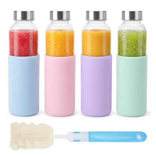 Image of Luxfuel 18 oz Glass Water Bottles with Lids and Silicone Sleeve 4 Pack | Leak Proof Stainless Steel Lids, BPA Free, Reusable Glass Bottles for Juicing, Smoothies & Refrigerator, Dishwasher Safe