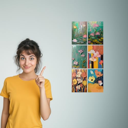 Image of Palette Knife Floral Art Prints Set - Teal Pink and Gold - Set of 2-4x6 Inch - Board (Pack of 6) - Sticker (Pack of 6) Wall Room Decoration art Poster Prints