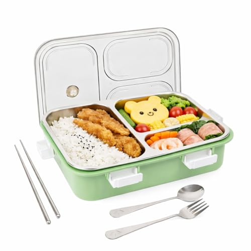 Image of Brand Conquer Lunch Box Leak-Proof BPA Free Stainless Steel for School, Lunch Box for School & Office with a Fork, a Spoon and a Pair of Chopsticks (Green, 3 Compartment)