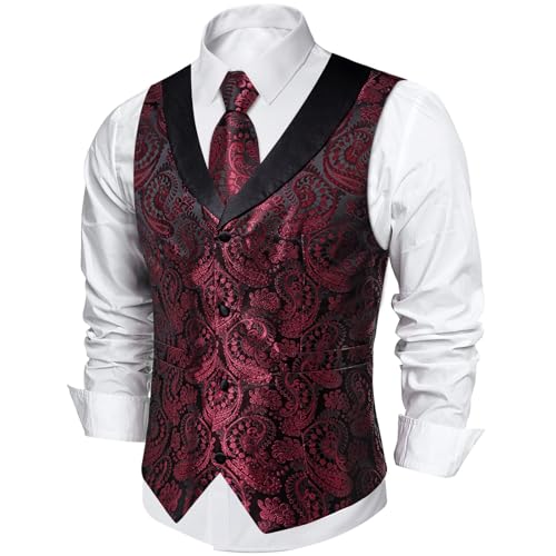 Image of DiBanGu Mens Paisley Suit Vest Silk Jacquard Waistcoat and Necktie Set Formal Shawl Collar Dress Vest 7PCS for Wedding Party