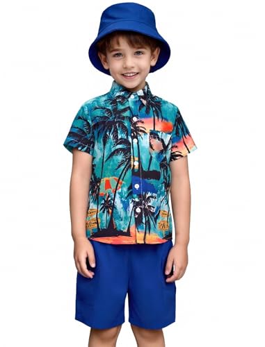 Image of IBTOM CASTLE Boys Hawaiian Button Down Shirts and Short Sets with Bucket Hat Kids Summer Vacation Outfits Tropical Shirt