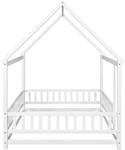 Miniatura 6 de JINS&VICO Cama de suelo de tamaño matrimonial, marco de cama Montessori con barandilla en forma de valla, cama de madera con dosel con techo, fácil