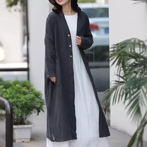 2025 Long 100% Linen Cardigan Women’s V-Neck Side Slit Drop Shoulder Loose Duster Coat Spring Outerwear Dark Gray2