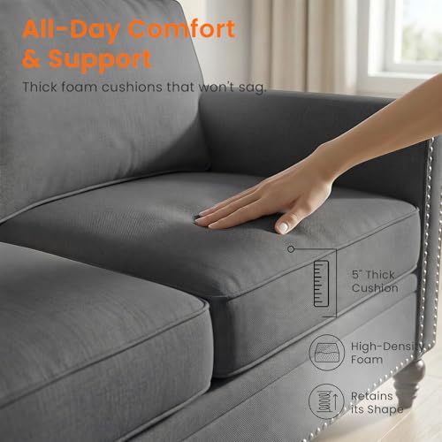 Image of ijuicy 3 Pcs Sectional Sofa Set for Living Room-Modern Linen Upholstered Couch Set with 5 inch Thick Cushion & Nailhead Trim, Living Room Furniture Sets-Armchair, Loveseat, 3 Seat Sofa(Dark Gray)