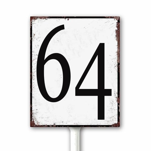 Aluminum Number Sign 64 Metal Numbered Yard Sign With Stake Outdoor for Tennis Court, Parking Lots, Floor, Dock, Court, Aisle, Field, Farm 12x15 CM High Visibility Rust Free (Retro White)
