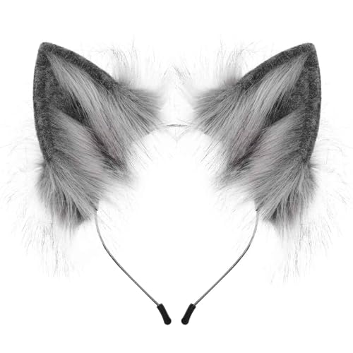 Sunnyuk kostüm wolf ohren Kunstfell Fell Wolf Ohren Haarreif Fuchs Katzenohren Stirnband Furry Wolfsohren Kopfbedeckung Cosplay Cute Wolf Kostüm Damen Karneval und Party Zubehör Dunkelgrau