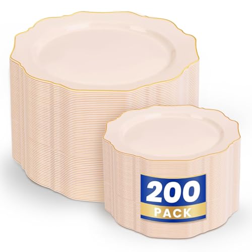 WDF 200PCS Pink Plastic Plates - Pink and Gold Plastic Plates - Include 100 Dinner Plate and 100 Cake Plate for Spring/Wedding/Bridal Shower/Tea party