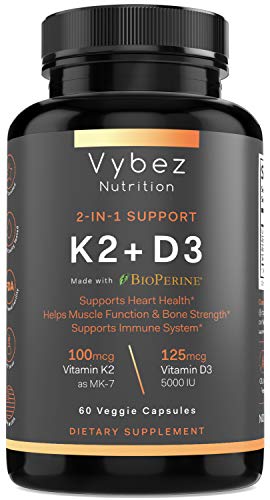 2 in 1 Support K2+D3 with Bioperine | 60 Veggie Capsules | For Women | Vitamin K2 as MK7 | Vitamin D3 5000 IU | Support Heart Health, Muscle Function, Bone Strength, Immune System | Vybez Nutrition