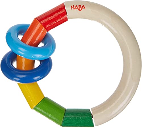 Image of HABA Wooden Rainbow Teething Rattle Toy for Babies 6-18 Months - Kringlering Wood Grasping Toy with Plastic Rings - Sensory Toys for Babies