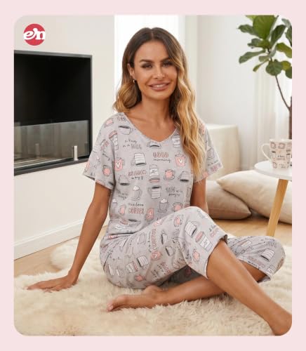 Image of ENJOYNIGHT Womens Pajama Sets Cotton Pj Set Short Sleeve Top With Capri Pants Sleepwear 2 Piece Lounge Set