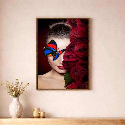 Image of Modern Rose Butterfly Woman Framed Canvas Painting For Living Room | Glamour Floral Wall Art For Livingroom Wall Decor, Home Decor, Bedroom, Hallway's, Office, Hotel - 43x58 cm