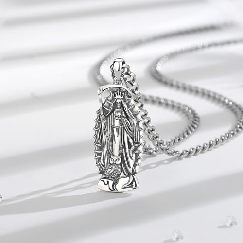 S925 Sterling Silver Santa Muerte Necklace for Men Women, Vintage Santa Muerte Holy Death Pendant Amulet Skull Grim Reaper Jewelry Original Gifts for Women Mens, 22+2inch3
