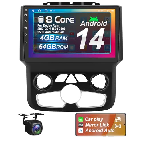 Upgraded Android 14 8 Core 4+64G Car Radio for Dodge Ram 2013-2019 1500 2500 3500 Automatic AC with Wireless Carplay&Android Auto 9