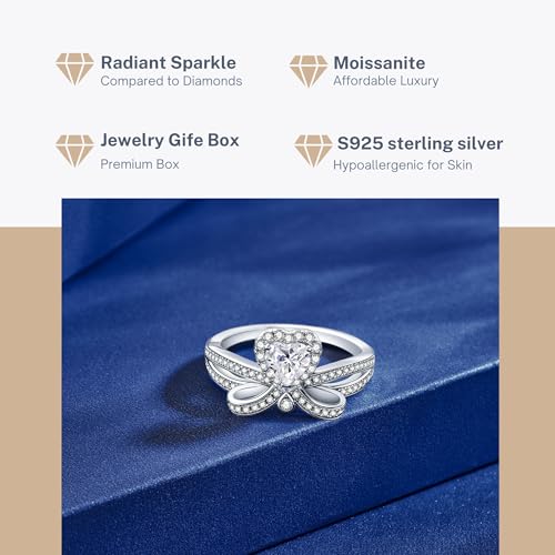 D Color Moissanite Heart Engagement Ring for Women,S925 Sterling Silver Bow Knot Halo Promise Ring,Romantic Gift with Gift Box2
