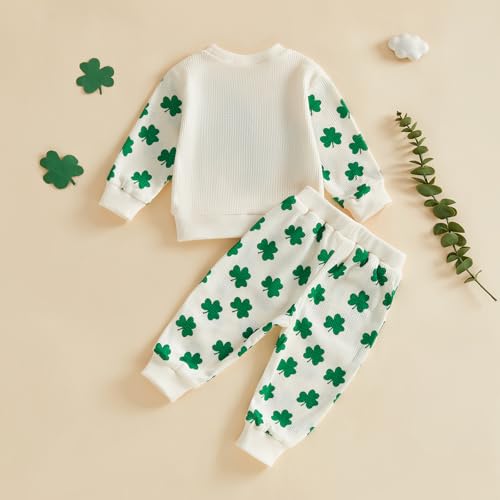 Image of Toddler Baby Boy Girl St Patricks Day Outfit Lucky Embroidery Waffle Long Sleeve Sweatshirt Pants Spring Clothes Set