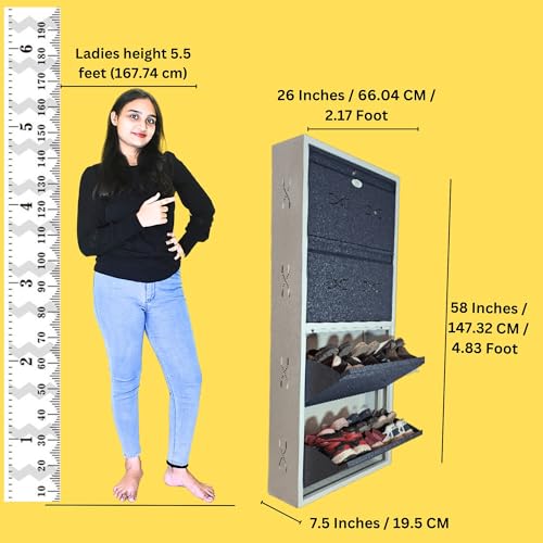 Image of I Double Decker Metal Shoe Rack I Double Lock I Wall Mounted I 4 Shelve (Grey Colour) I Coad LC 2DDL-04 GR I Height 58 Inches, Width 26 Inches, Depth 7.5 InchesI 3 Years Warranty.