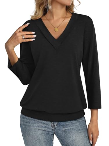 TICTICMISS Womens 3/4 Sleeve Tops Banded Bottom V Neck Summer T Shirt Casual Basic Tops Trendy Banded Waist Shirt 2026 Black