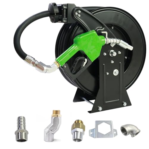 CreFiTech Fuel Hose Reel 3/4X50 Retractable Ratchet Spring Driven Diesel Hose Reel 360 Rotating Fuel Hose Swivel AUTO Fuel Nozzle SS304 Elbow Pipe Barb Fitting 300 PSI Swivel Steel Construction Reel