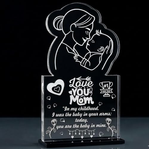 Image of DIGI ARTS Mom Acrylic Plaque Gift - Clear Engraved Acrylic Desk Decor, Thank You Mom Keepsake from Son or Daughter, Birthday & Mother's Day Gift for Mom, Tabletop & Home Decoration 12x14(cm)
