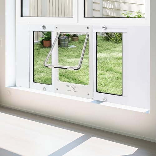 Full-Size Window Pet Door for Cat&Small Dog, Fits 28"-32" Width Windows, Quick-Fit Cat Door Window Insert, 4 Locking Mechanisms, Magnetic Closure Cat Door for Window,Aluminum Frame Pet Door for Window