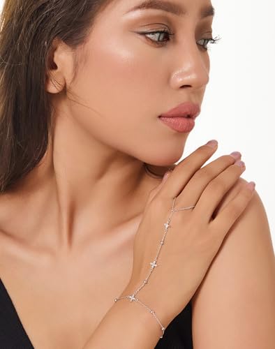 Gold Bracelets for Women 14K Gold Plated Hand Chain Bracelet Dainty Trendy Ring Chain Bracelet Charm Link Adjustable Cubic Zirconia Hand Bracelets Jewelry Gifts for Women