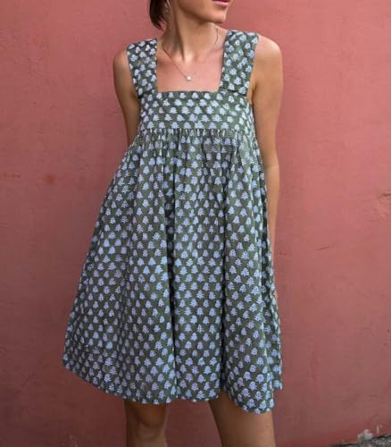 Image of Women Tie Shoulder Mini Dress Floral Ruffle Babydoll Dress Boho Square Neck Sundress Cute Summer Dresses