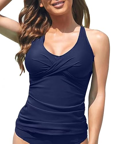 Fanuerg Tankini Top Only Twist Front Bathing Suit Tops for Women Tummy Control Tank Tops V Neck Swimsuit Top No Bottom Navy Blue XXL