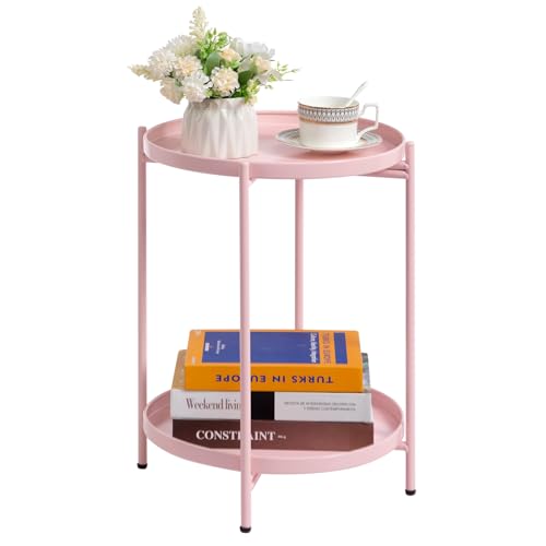 HollyHOME Mesa Auxiliar Redonda Mesa de Café & Té, Bandeja de Metal de 2 Niveles, Mesita de Noche Mesita de Sofá para Sala de Estar Dormitorio Balcón Patio, Rosado