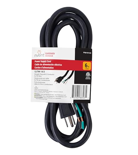Image of nVent GARDNER BENDER PS615143 6 ft Replacement Appliance Power Cord 14 /3 AWG Heavy-Duty SJTW Cable with Grounded NEMA 5-15 Plug 15A 125V 1875W Power Tool & Appliance Cord (Formerly: Bergen Industries)