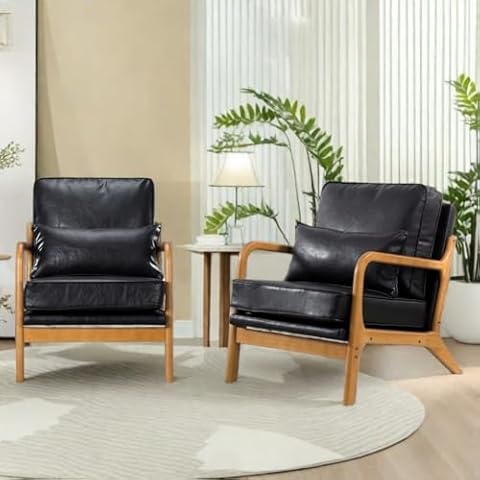 FONTOI Accent Chair Upholstered Living Room Chairs, Mid Century Modern Chair with Wood Arms, Living Room Chairs with Waist Cushion for Living Room Apartment (Leather Black, Set of 2) Cover