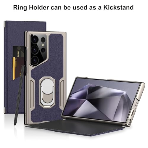 Image of Midkart Leather Flip Case Compatible with Samsung Galaxy S23 Ultra with Ring Holder Kickstand Card Holder Inner Hard PC Full Body and Camera Protection Case, Violet