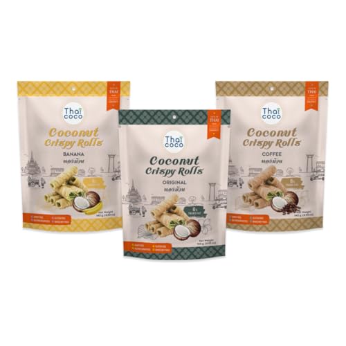 『THAICOCO』クリスピーココナッツロールミックスセット オリジナル味4袋 バナナ味4袋 コーヒー味4袋 合計 12袋 "THAICOCO" Coconut Crispy Roll Original Flavor mix set 140Gx12のサムネイル